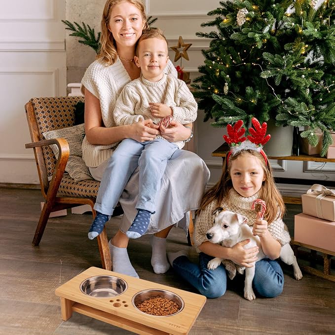 HTB Elevated Dog Bowl Stand with 2 Stainless Steel Bowls-4" H Small Bamboo | Raised Dog Bowl Stand, 4"tall, 21 Oz Bowls, for Small Sized Dogs, Pet-safe, Solid Bamboo - Image 7