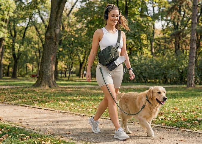 Dog Walking Fanny Pack, 4-in-1 Dog Walking Accessories Kit with Crossbody Dog Walking Bag, Hands-Free Rope Leash, 12oz Water Bottle & Poop Bag Dispenser, Treat Pouch for Training (Olive Green) - Image 7