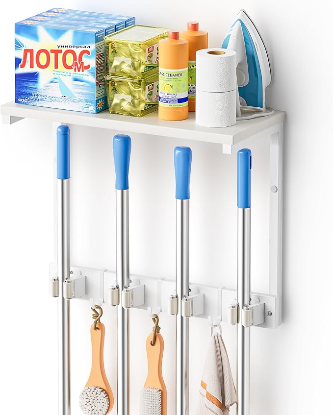 Olakee Broom Holder Wall Mount with Cleaning Supplies Organizer, Laundry Room Organization and Storage Shelves, Mop Hanger Rack with Hooks, Utility Shelf Closet Organizer for Garage Home Improvement by Olakee