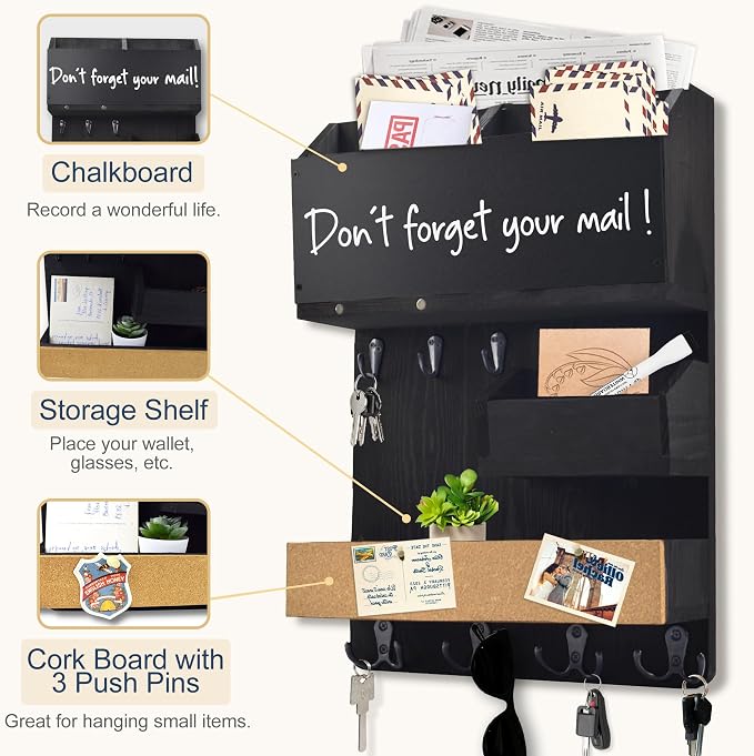 Mail Organizer Wall Mount，Key Holder Mail and Key Organizer for Wall with Shelf, Chalkboard, Corkboard, Home Decor for Room Office Entryway(Midnight Black) - Image 4