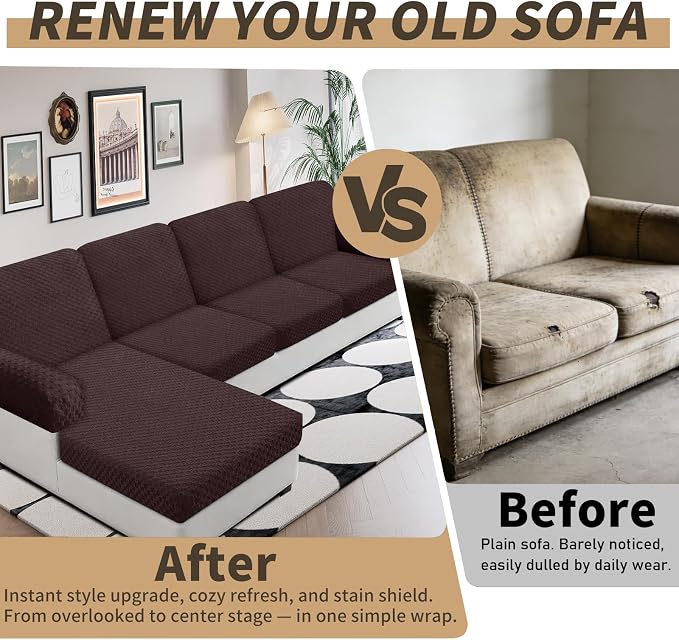 YEMYHOM Couch Cushion Covers for Sofa, Stretch Sectional Couch Seat Cushion Covers Washable Thick Furniture Protector Sofa Slipcovers for Pets (3 Seater + 1 Chaise, Dark Coffee) - Image 4