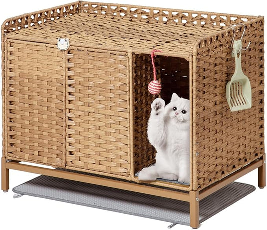SETVSON Litter Box Enclosure Furniture with Divider, Cat Cabinet, Natural | Handwoven PE Rattan with Soft Litter Mat, 3.54-In Heightened Metal Feet, 2 S-Hooks, 31.2 x 19.6 x 24.2 In Spacious by SETVSON