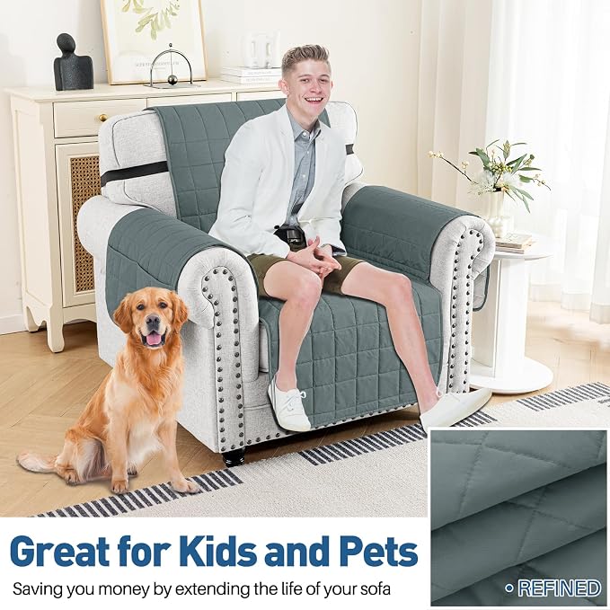 MAXIJIN Waterproof Chair Cover Slipcovers for Pets Dogs, 23.5" Quilted Armchair Sofa Cover Washable Dog Couch Covers Protector with Elastic Strap & Side Pocket (Chair, Dark Gray) - Image 2