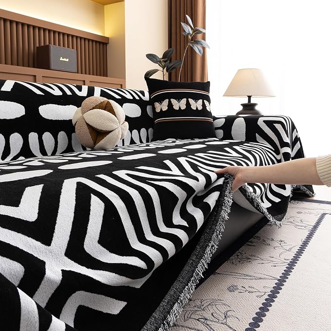 VClife Minimalism Tribal Couch Cover Non Slip White Black Geometric Jacquard Sofa Cover Washable Bohemian Style Aztec Couch Slipcover for Sectional Couch Chenille Furniture Protector 71''x118'' - Image 8