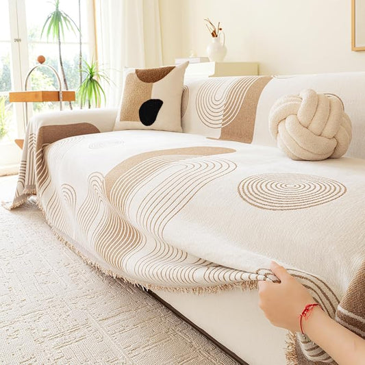 VANJOROY Boho Couch Cover for 2 3 Cushion, Sofa Slipcovers Sectional Sofa L-Shape Washable 100% Organic Chenille Couch Cover for Dogs Pets, Sofa Cover Protector Soft with Tassel,71"x 118" Khaki by CHOOSEVANJOROYENJOYAMORECOMFORTABLEFEELING