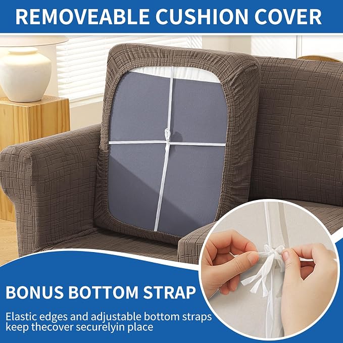 CYCMCAO 3 Piece Stretch Sofa Cover Couch Covers for 2 Cushion Couch, Loveseat Covers Stay in Place, Sofa Covers Washable with Elastic Bottom for Dogs (Light Brown), 71"-91" (2 Cushion Sofa) - Image 6