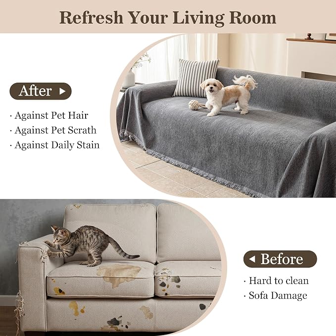 MEETSKY Grey Couch Cover for Dogs Washable Chenille Sofa Covers Blanket Sectional Couch Cover，Thick Loveseat Covers L Shaped Sofa Slipcover for Pets, 71"x 102" - Image 7
