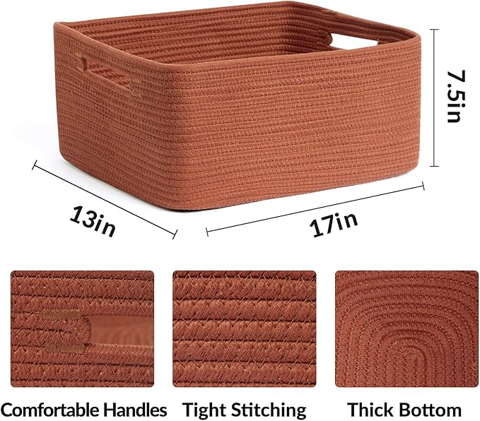 MiniArk Large Storage Baskets for Shelves, 17 x 13 x 7.5” Closet Organizers Bins for Clothes Blanket Towels, Baby Nursery, Toy Baskets Box, Woven Rope Baskets, 2 Packs Oxide Red - Image 2