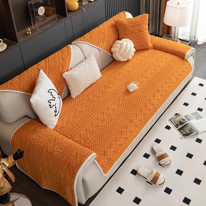 vctops Cable Jacquard Plush Sofa Couch Covers Boho Fuzzy Couch Cover for Dogs Soft Non Slip Sectional Sofa Slipcover Thick Warm Washable Furniture Protector for Kids, Pets (Orange,36"x82") - Image 6