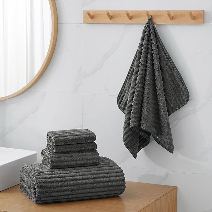 6 Piece Bath Towel Set, 30"x60" Towels, Charcoal Gray | Microfiber,Quick dry, Highly Absorbent,shower towels for bathroom gym,2 large Bath towels,2 hand towels,2 washcloths - Image 3