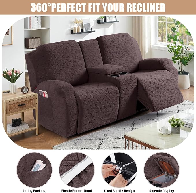 VANSOFY Stretch Recliner Loveseat Cover with Middle Console, Dark Coffee | 4-Pieces, Soft Furniture Protector, Washable Slipcover with Pocket, Pets Sofa Cover, High Stretchy fabric Couch Cover - Image 5
