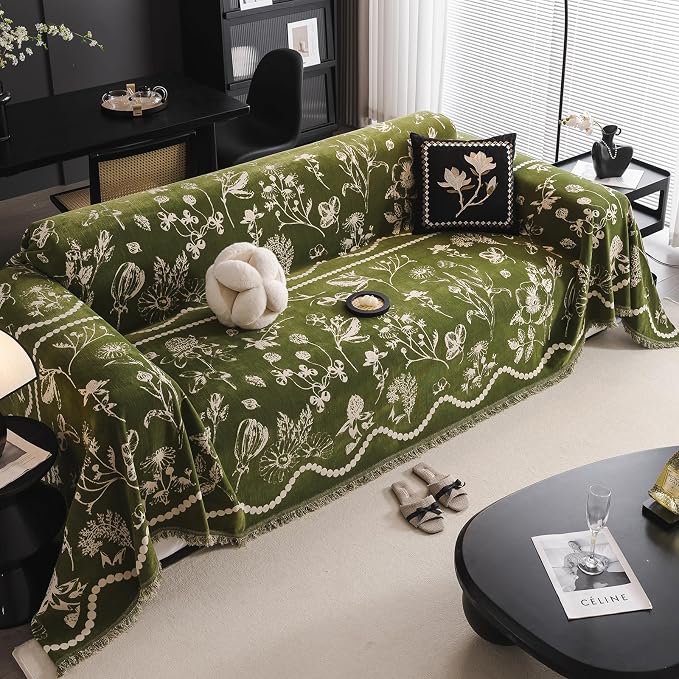 DREAMINGO Green Floral Couch Cover Farmhouse Botanical Jacquard Sofa Covers for 3 Cushion Couch Cozy Chenille Living Room Furniture Futon Sectional Sofa Slipcovers Washable, X-Large 71"x134" - Image 7