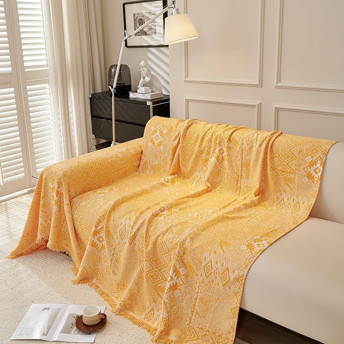 DREAMINGO Couch Cover - Geometric Jacquard, Yellow, Boho Vintage 3 Cushion Couch Covers for Dogs Washable, Chenille Furniture Protector Sectional Sofa Slipcovers 3 Seater, X-Large 71"x134" - Image 2