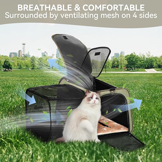 Petsfit 19"X12" X12" Expandable Pet Carrier, Square Expansion Reduces Pet Anxiety, Escape-Proof Self-Locking Zippers, 3 Easy-Access Entrances, for Cats & Small Dogs up to 18 lbs