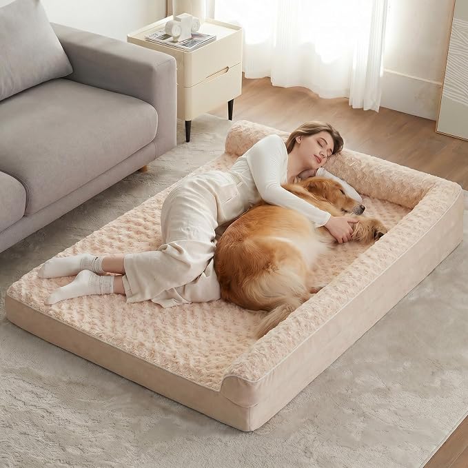 BFPETHOME Orthopedic Washable Dog Bed, Sleeping Couch for Large Senior Dogs | Deluxe Plush Rose Velvet Washable Cover, Egg Crate Foam Support, Waterproof Lining, Non-Slip Bottom, Senior Dogs by BFPETHOME