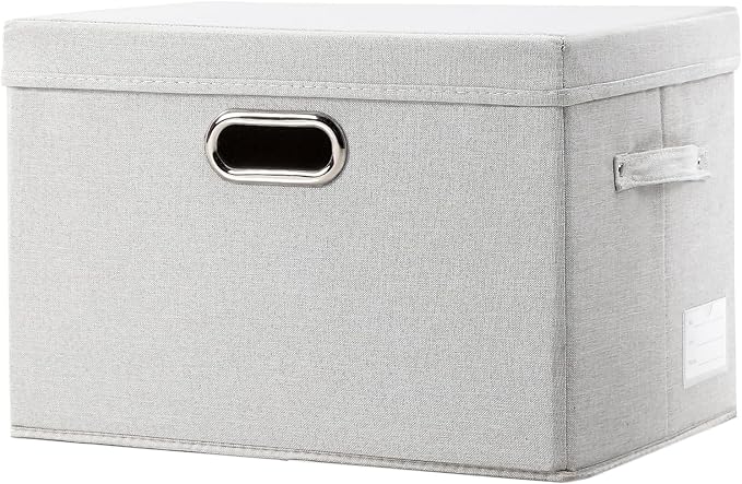 PRANDOM Large Collapsible Storage Bin with Lid [1-Pack] Fabric Foldable Storage Box Organizer Container Basket Cube with Cover for Home Bedroom Closet Office Beige (17.3x11.8x11.8) by Prandom