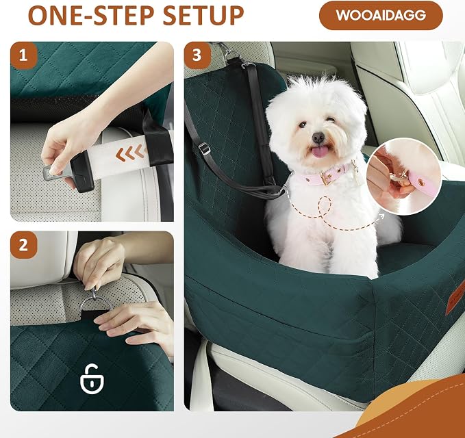 WOOAIDAGG Dog Car Seat for Medium Dogs, Pet Travel Bed with Seat Belt Channel, Fully Detachable and Washable, 3 Straps Easy to Install (Green) - Image 5