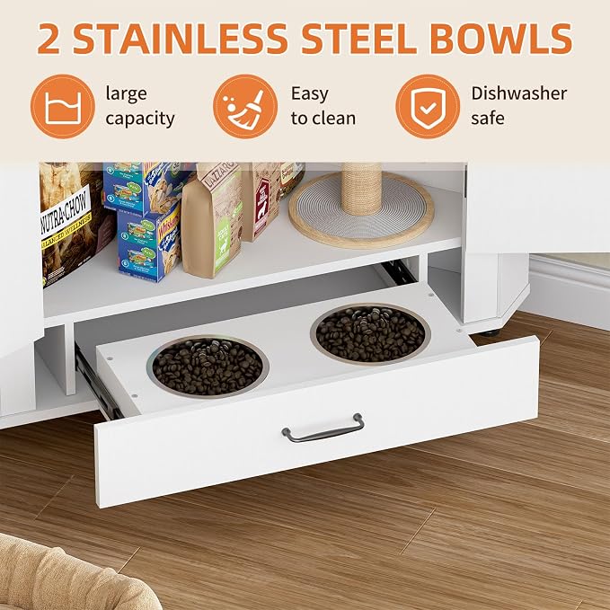 PakaLife Farmhouse Dog Food Storage Corner Cabinet, Dog Feeding Station with 2 Hidden Bowls, Adjustable Panel, 4 Hooks, Pet Feeding Station Corner Cabinet for Medium, Small Sized Dogs - Image 4