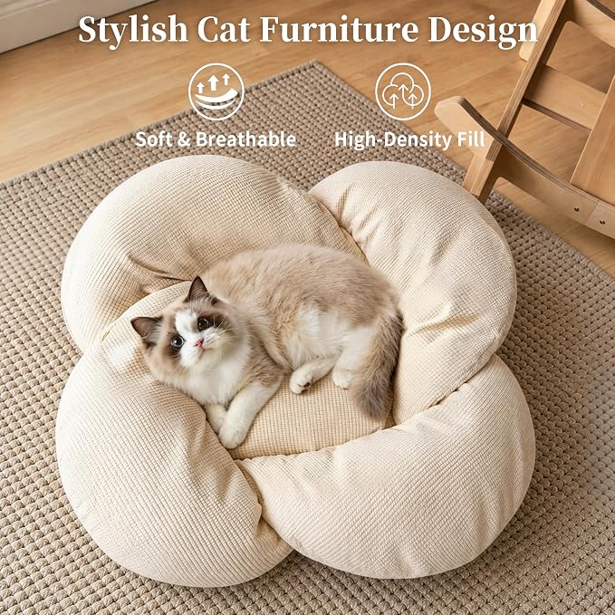 PACHIRA Elevated Cat Bed Wooden, Cat Couch Fluffy, Cat Sofa Flower for Indoor Cats, Raised Cat Bed with Washable Fluffy Cushion and Birch Wood, Cat Chair for Kitty and Puppy, Cat Furniture (White) - Image 2