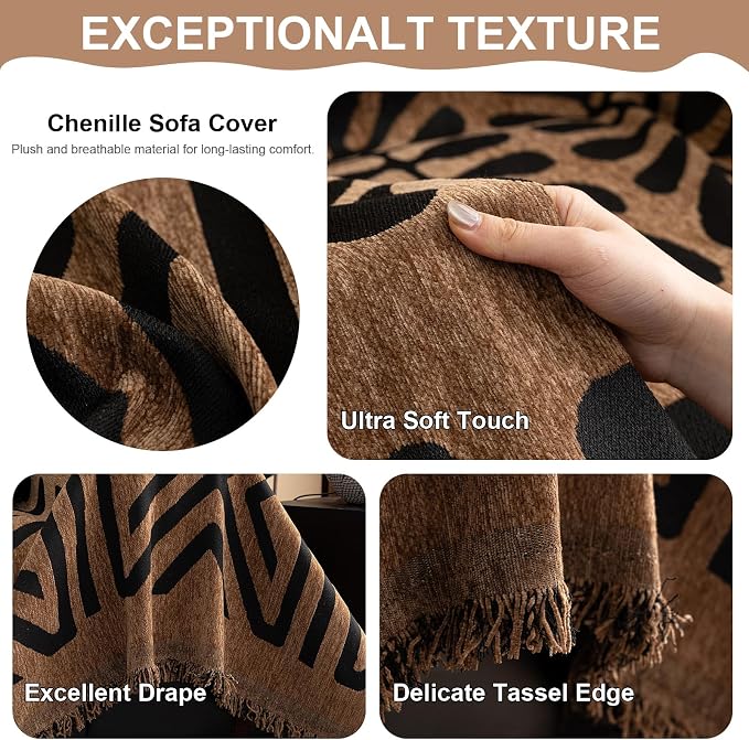 VClife Couch Cover Bohemian Morroccan Sofa Cover Washable Sofa Slipcover for 3 Cushion Couch Sofa Non Slip Soft Chenille Furniture Protector Modern Brown Black Slip Cover for Couch 71''x134'' - Image 5