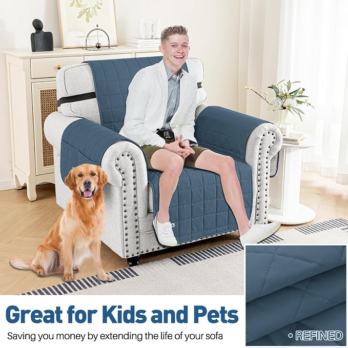 MAXIJIN Waterproof Chair Cover Slipcovers for Pets Dogs, 23.5" Quilted Armchair Sofa Cover Washable Dog Couch Covers Protector with Elastic Strap & Side Pocket (Chair, Berlin Blue) - Image 2