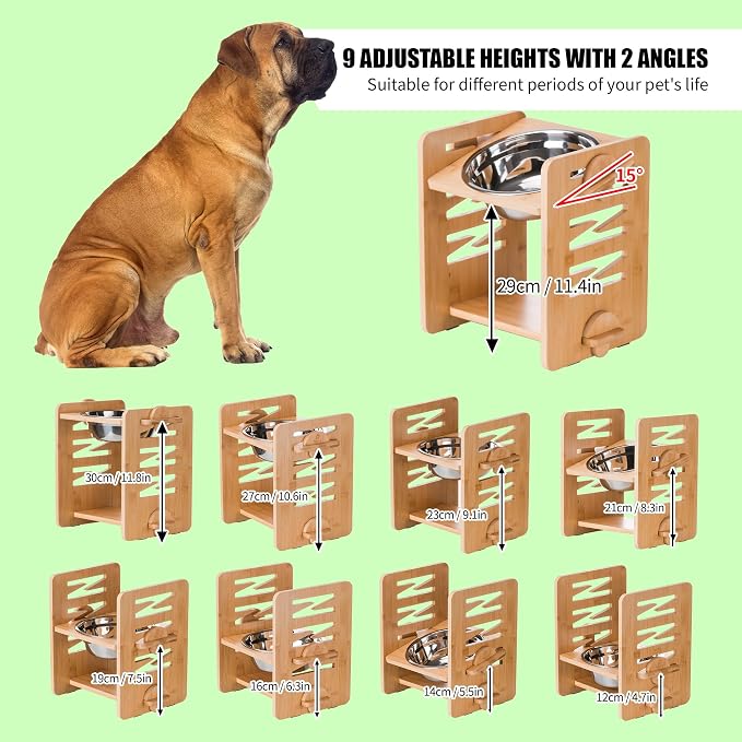 Elevated Dog Bowls, 9 Heights Adjustable Raised Dog Bowl 4.7″-11.8″, with Food Grade 304 Stainless Steel 51 OZ, Bamboo Dog Bowl Stand for Medium and Large Dogs, 2 Pack - Image 3