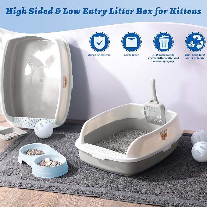 Sliner 7 Pcs Kitten Litter Box Starter Kit, 2 Plastic Small Kitty Litter Box Training Low Entry with Scoop, 2 Double Cat Bowl and Mat for Kitten Indoor(Gray) - Image 6