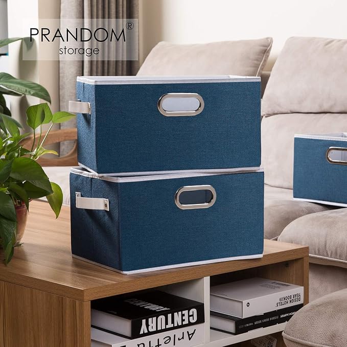 PRANDOM Fodable Storage Bins for Closet [3-pack] Decorative Fabric Storage Baskets Cubes with Leather/Metal Handles for Shelves Bedroom Living Room Royal Blue (11.5x8.5x6.7 Inch) - Image 2