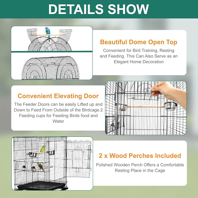 ZENY 63.5 Inch Open-Top Birdcage, Wrought Iron Bird Cage with Slide-Out Tray + Detachable Rolling Stand, Pet Parrot Cage for Parakeets Cockatoo Cockatiels, Play-Top Birdcage - Image 4