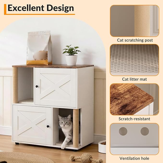 Litter Box Cabinet, Hidden Cat Litter Box Furniture with Dual Compartments, Odor Control & Scratch-Resistant Panels, Compact Enclosure for Multiple Cats, White Black Grey - Image 4