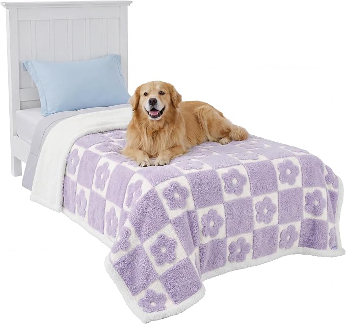 LE SURE Waterproof Blanket for Bed Cute Cozy 3D Jacquard, Twin（60x80） | Dog Blankets for Large Dogs, Pet Aesthetic Gift, Warm Soft Sherpa Throw, Reversible Couch Protector, Lavender Flower Checks by Lesure