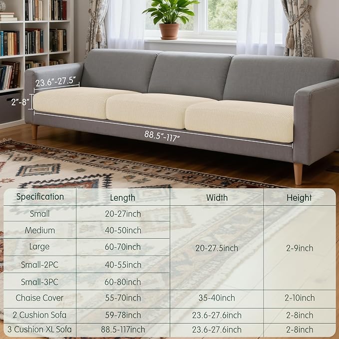 CHUN YI 3 Piece Couch Cushion Covers for XL-Sofa Seat Slipcovers Suitable with Spandex Jacquard Washable Fabric (3 Piece XL-Sofa Cushion Covers, Ivory) - Image 3