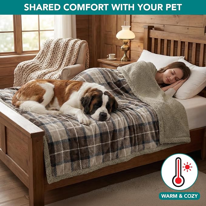 PetAmi Waterproof Dog Blanket for Couch, Large 60x40, Pee Proof Sherpa Fleece Reversible Pet Throw, Furniture Protector for Bed Sofa Kennel, Soft Washable Cover for Medium Dogs Cats, Plaid Taupe - Image 4