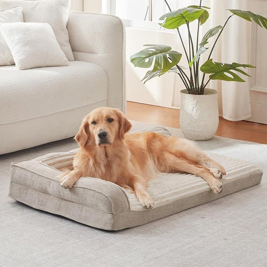 WINDRACING Orthopedic Dog Beds for Medium Dogs, Waterproof Egg Foam Dog Sofa Bed with L Bolster Sides, Washable Medium Pet Bed with Removable Cover & Non-Slip Bottom, 31 x 25 inch, Beige by WINDRACING