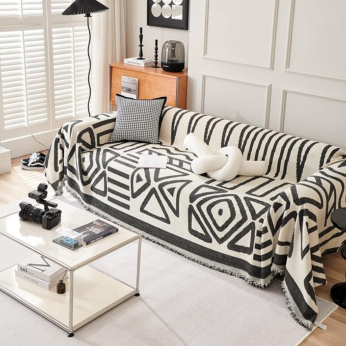 VClife Bohemian Sofa Cover, Non Slip Sofa Throw Cover for Couches, Thick Washable Couch Cover for 3 Cushion Couch for Living Room Bedroom, Multi-Functional Furniture Protector, White-Black, 71"X134" - Image 3