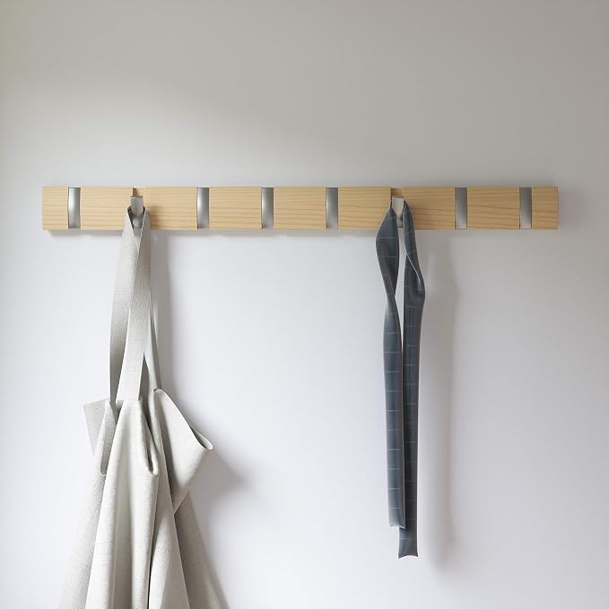 Umbra Flip Coat Rack, Wall Mount 8-Hook, Space Saving, Natural/Nickel | Real wood and steel build, retractable hooks fold flat, holds coats bags and scarves, easy install - Image 12