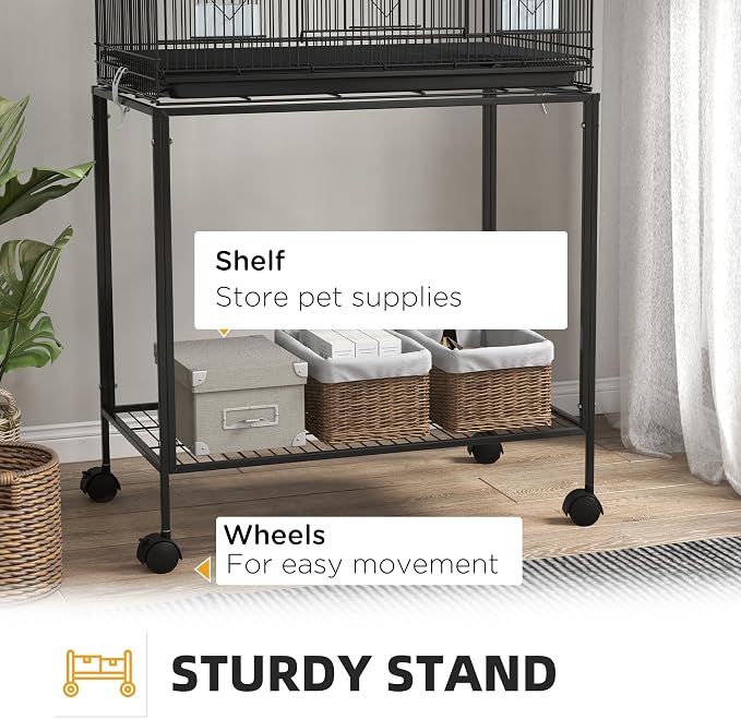 PawHut Double Stackable Bird Cage with Stand for Canaries, Lovebirds | Wooden Swing, Rope Ladder & Wheels, Budgie Cage, Storage Shelf, Removable Tray, Wooden Perches & Food Containers, Finches - Image 8
