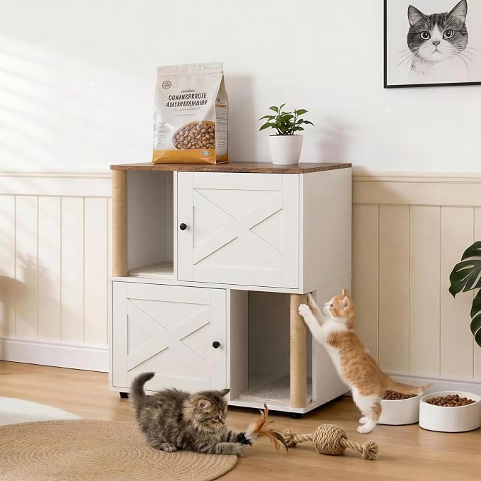 Garvee Double Layer Cat Litter Box Furniture, 2 in 1 Hidden Litter Box Furniture with Scratching Post and Litter Mats, Wooden Corner Cabinet Cat Washroom Bed - Image 7