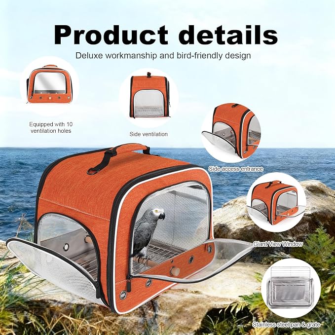 halinfer Large Bird Carrier Cage, Portable Bird Carrying Bag with Metal Tray and Grate to Transport Medium and Large Birds Like African Grey, Long Tail Cockatiel and Parrot - Image 3