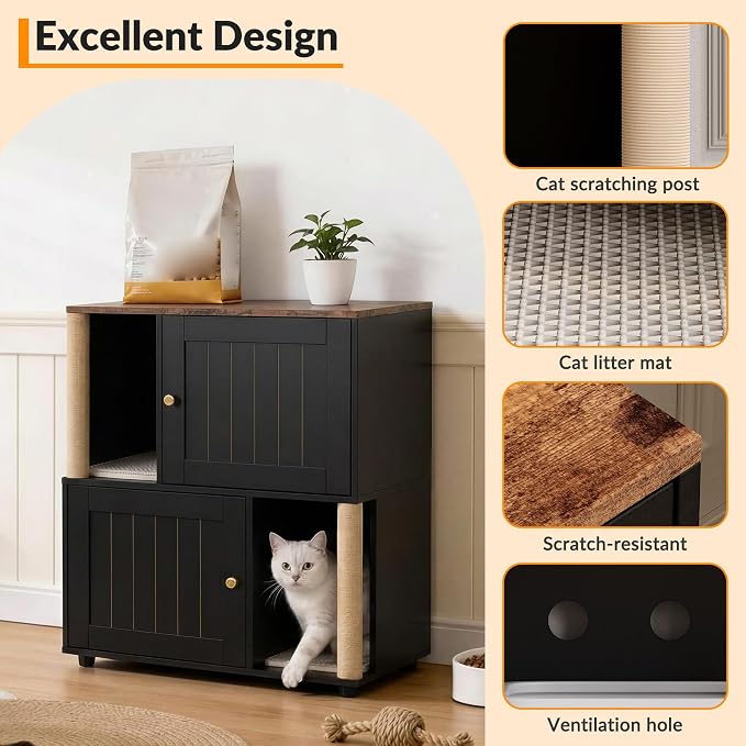 Litter Box Cabinet, Hidden Cat Litter Box Furniture with Dual Compartments, Odor Control & Scratch-Resistant Panels, Compact Enclosure for Multiple Cats, White Black Grey - Image 4
