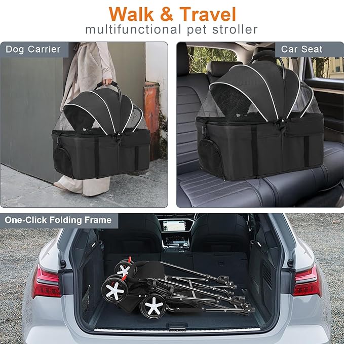 3 in 1 Pet Dog Stroller for Small Medium Dogs 10-50 lbs, Foldable Cat-Strollers for 2-Cats with Removable Carrier, Pet-Strollers for Cats with Storage Bag, Small Puppy-Stroller, Dog-Cart (Black)