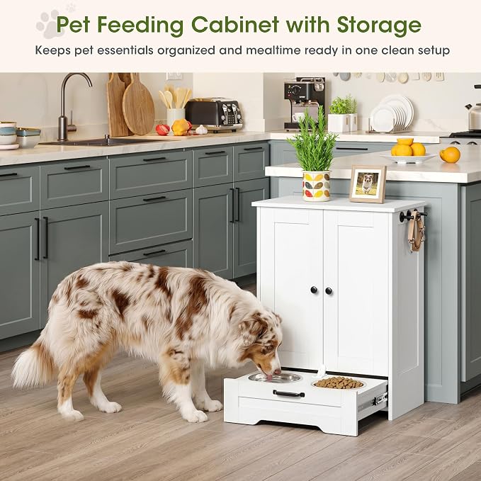 Dog Feeding Station with Storage Cabinet, White Wood Dog Cabinet with 2 Elevated Stainless Steel Bowls, Hidden Pull-Out Feeder Drawer, Pet Feeding Station for Kitchen and Living Room - Image 7