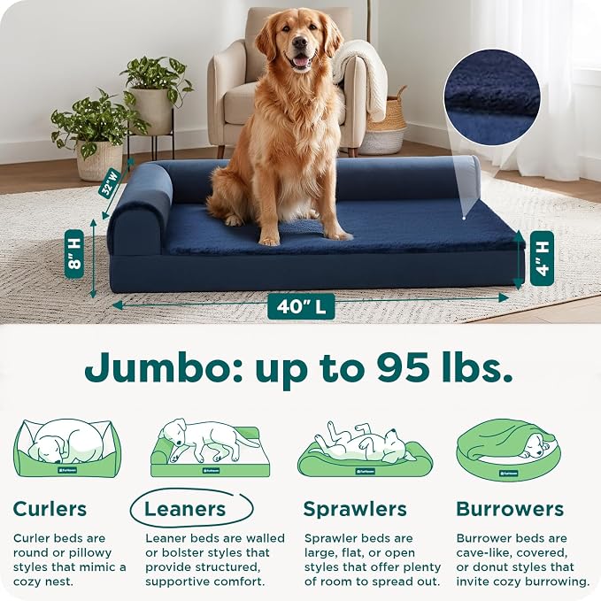 Furhaven Orthopedic Dog Bed for Large Dogs w/ Removable Bolsters & Washable Cover, For Dogs Up to 95 lbs - Plush & Velvet L Shaped Chaise - Deep Sapphire, Jumbo/XL - Image 3