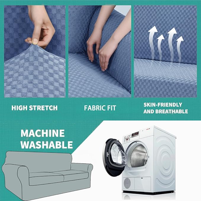 YEMYHOM Latest Checkered 3 Pieces Couch Covers for 2 Cushion Couch High Stretch Sofa Cover with 2 Extra Large Seat Cushion Covers Anti Slip Elastic Slipcovers (Light Blue), 71"-91"(2 Cushions) - Image 5