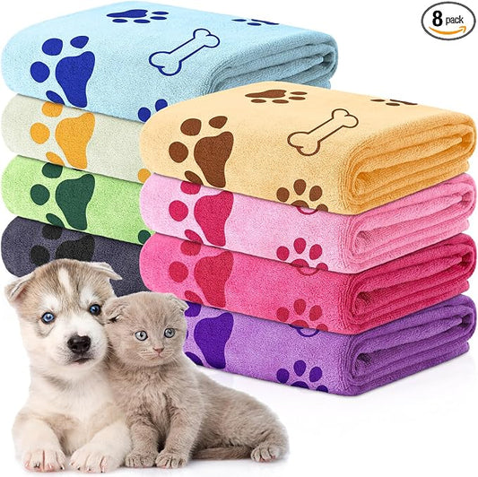 Chumia 8 Pcs Microfiber Dog Towels for Drying Dogs Cats 18 x 28 Inch Pet Towels Bulk for Medium Puppy Absorbent Fast Drying Paw Bath Bathing Supplies for Pets(Dog Paw and Bone,Sweet Color) by Chumia