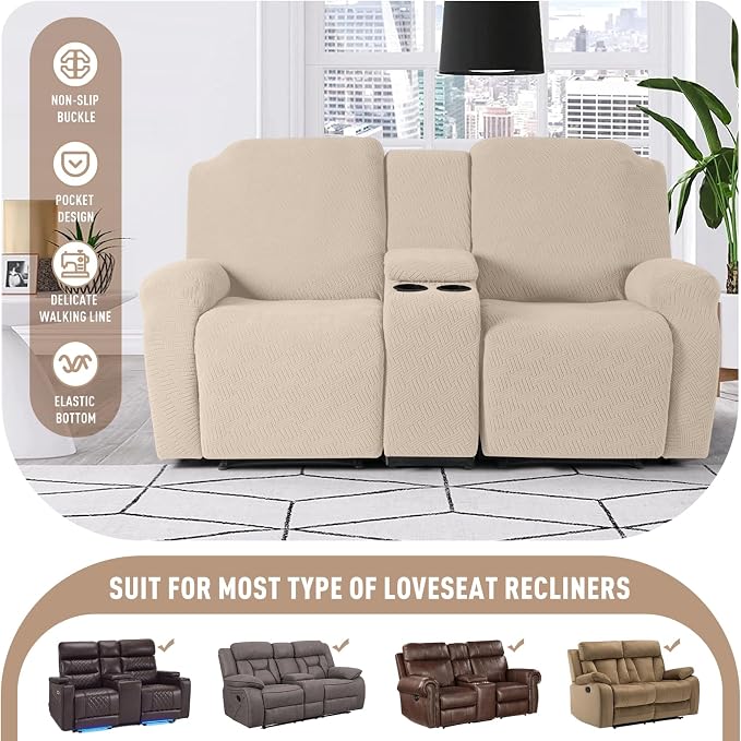 KinCam Loveseat Recliner Covers with Middle Console Slipcover, Vanilla | Stretch Recliner Sofa Covers for 2 Seat Couch Cover, Jacquard Furniture Protector Covers with Elastic Bottom for Kids, Pets - Image 5