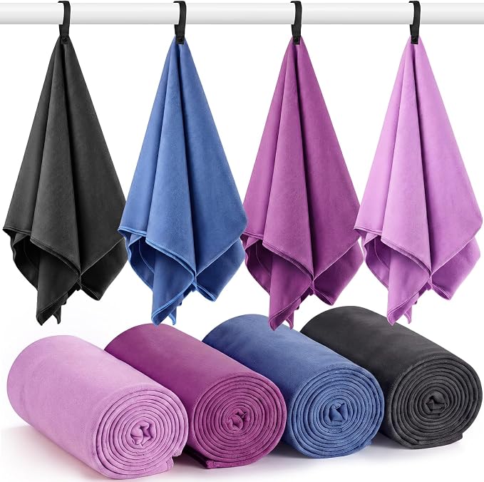 Mixweer 4 Pack Gym Microfiber Bath Towels 63"x32" Extra Large Shower Towel Lightweight Oversized Fast Drying Bathtowel for Gym Sports Travel Camping(Dark Gray, Pinkish Purple, Bluish Gray, Purple) by Mixweer