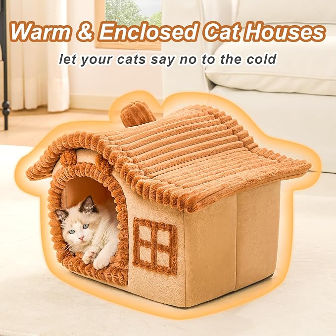 Jiupety Bear Cat Houses for Indoor Cats, Chimney Cute Cat Bed Cave, Enough Interior Space, Cartoon Soft Pet House Up to 3-10 lbs Kitten, Brown - Image 2