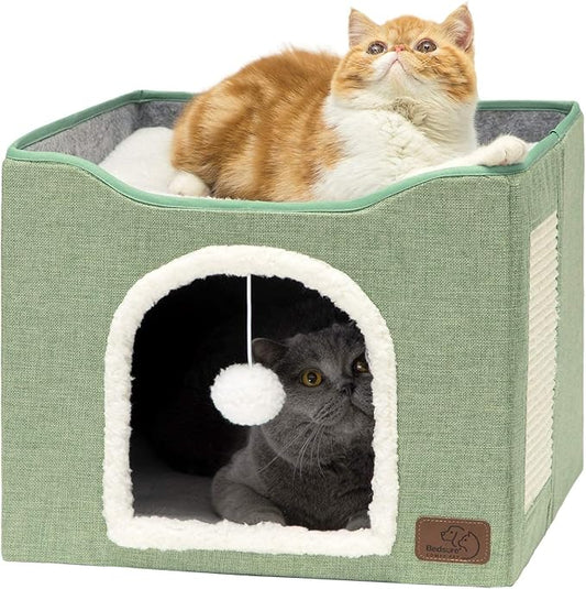 Bedsure Cat House Bed for Indoor Cats with Fluffy Ball and Scratch Pad | Green,16.5x16.5x13 in,Large Cat Cave for Multiple Pets,Foldable Cat Hideway Cube for Sleeping Kitten by Unknown