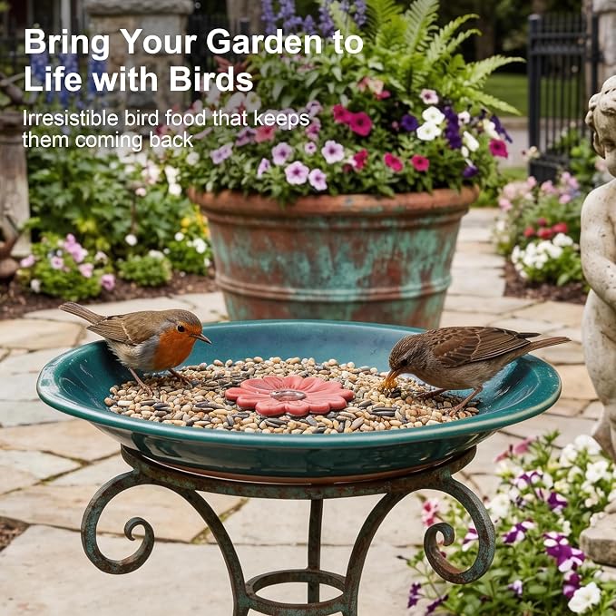 Topadorn 12.2'' Ceramic Birdbath & Birdfeeder for Small Birds Outdoors | 2" Depth Bird Bath Bowl For Vintage Garden Patio Yard Lawn Decor, Blue with Red Flower - Image 8